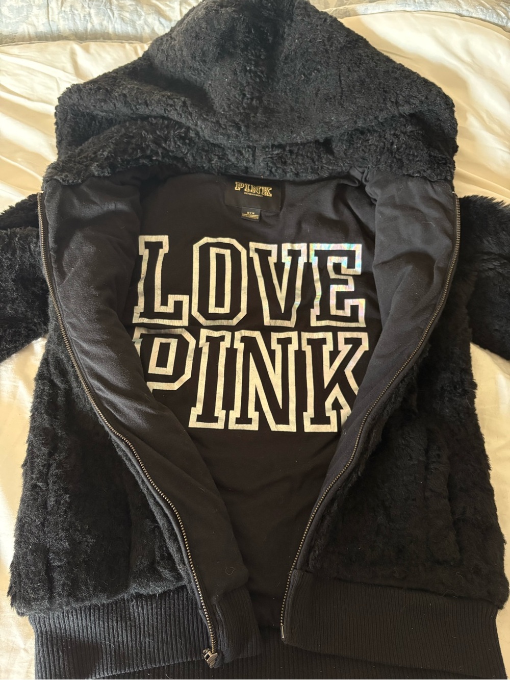 PINK Victoria's Secret Black Sherpa Zip-Up Hoodie